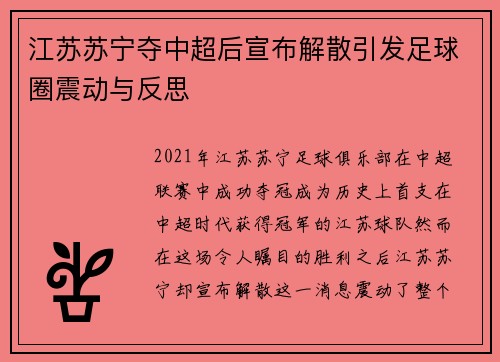 江苏苏宁夺中超后宣布解散引发足球圈震动与反思 江苏苏宁夺中超后宣布解散引发足球圈震动与反思