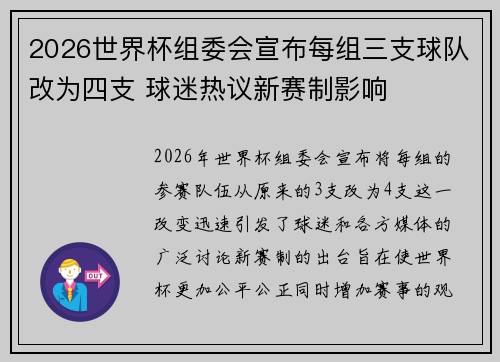 2026世界杯组委会宣布每组三支球队改为四支 球迷热议新赛制影响